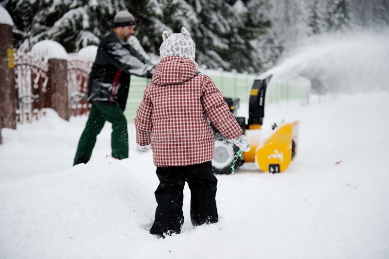 Young Father Operates Snow Blower Stock Image Image of father