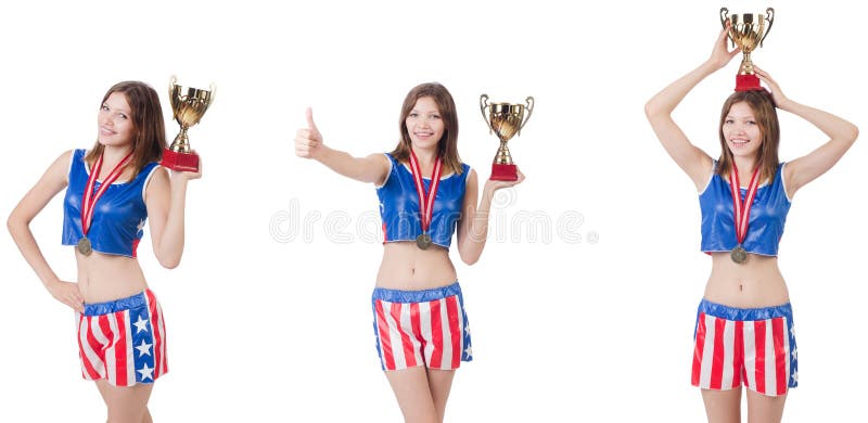 The Young Female Boxer with Cup Isolated on White Stock Image Image