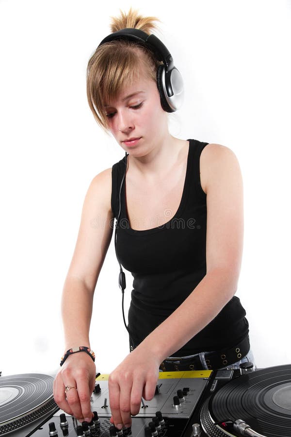 Young female DJ playing music