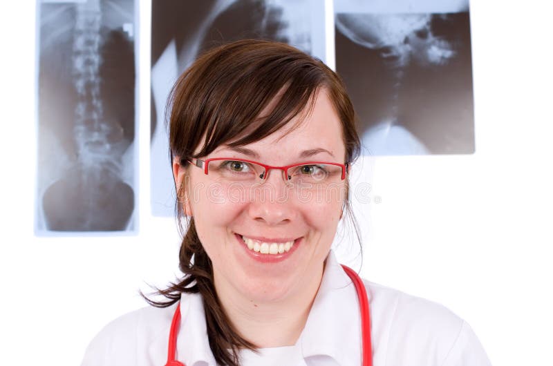 Young female doc, isolated on white, x-rays as bacground