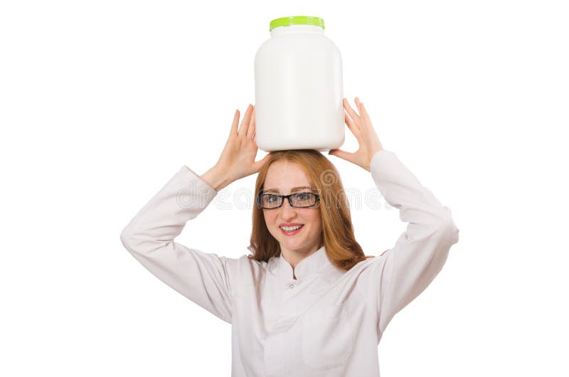Young Female Doctor Holding Jar of Protein Stock Image Image of