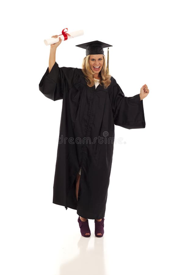 Graduate Student in Graduation Gown with Raised Hands, Rear View Stock ...