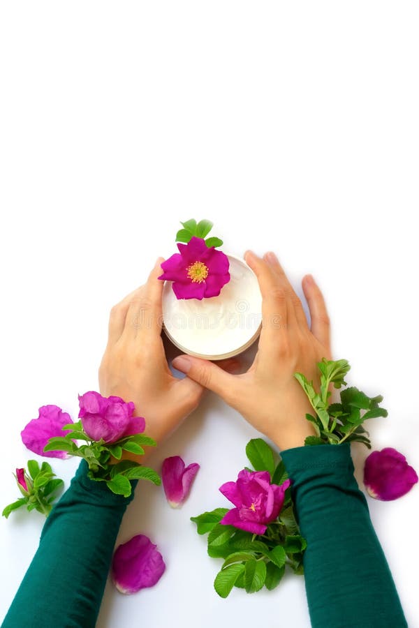 Young female hands are holding jar with white anti-ageing moisturizing cream with dog rose oil essential and vitamin E royalty free stock image Young female hands are holding jar with white anti-ageing moisturizing cream with dog rose oil essential and vitamin E royalty free stock image