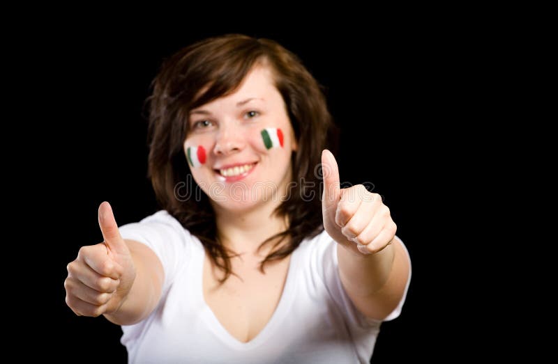 Young female italian team fan isolated on black