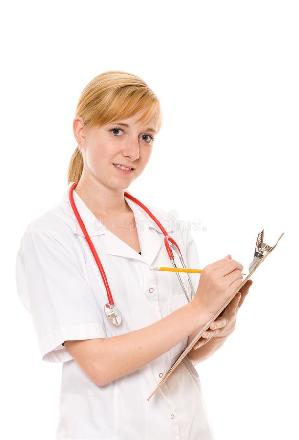 Young female nurse with wooden board