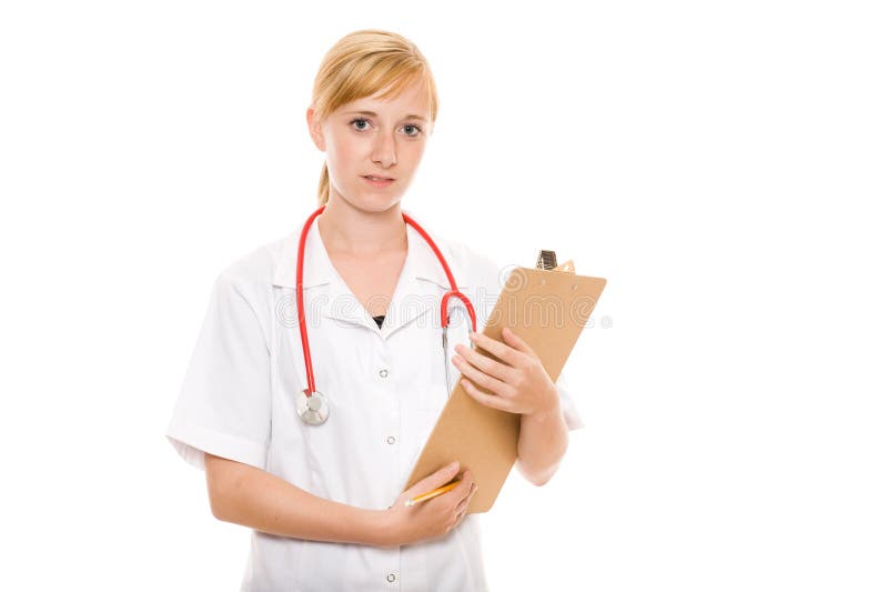 Young female nurse with wooden board