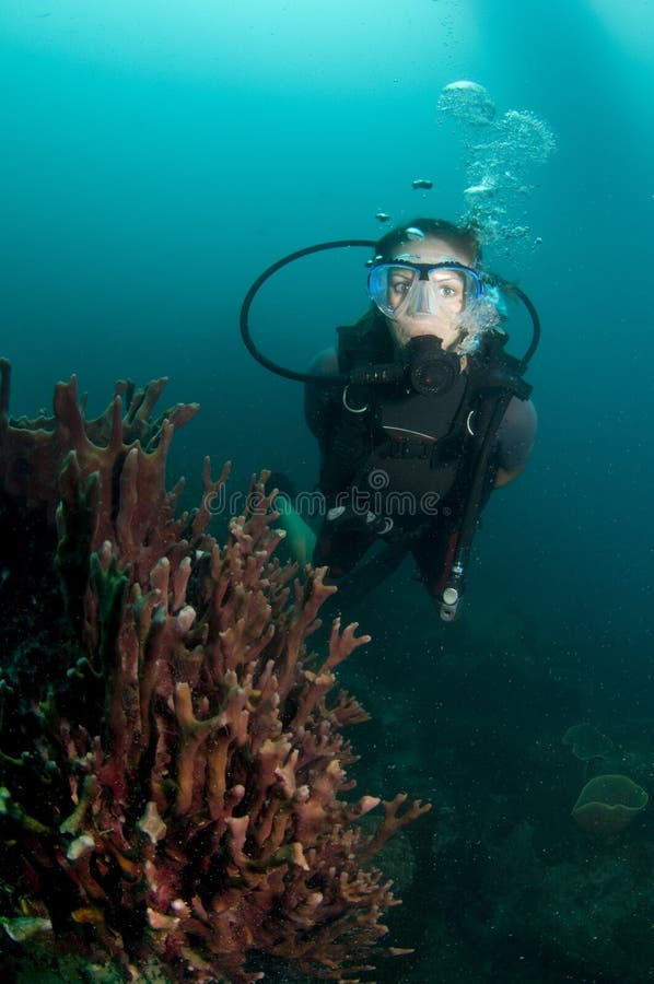 Young female scuba diver swims over reef