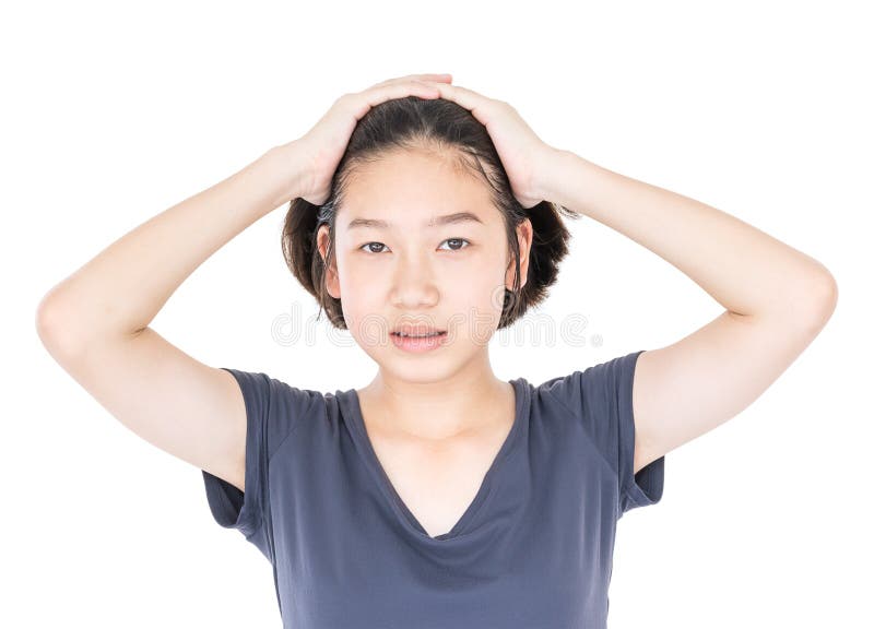 Young female short hair with blank gray t-shirt