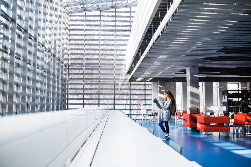 Young female student in library, searching information for final project, presentation. Beautiful university student stock images