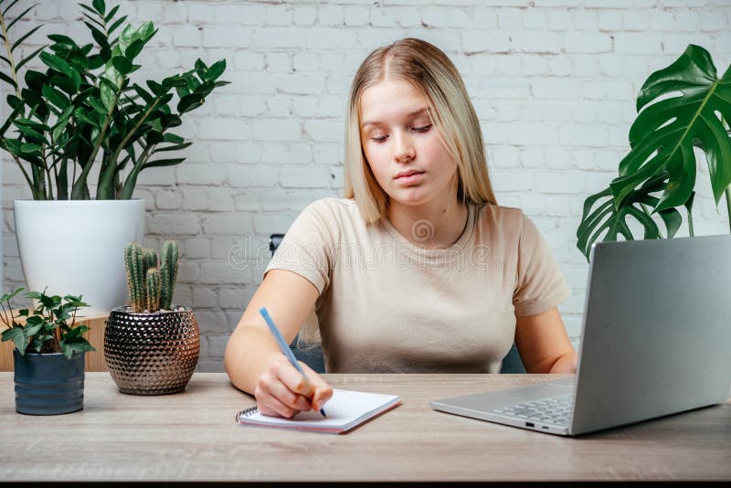 Young female student studying online and making notes royalty free stock image