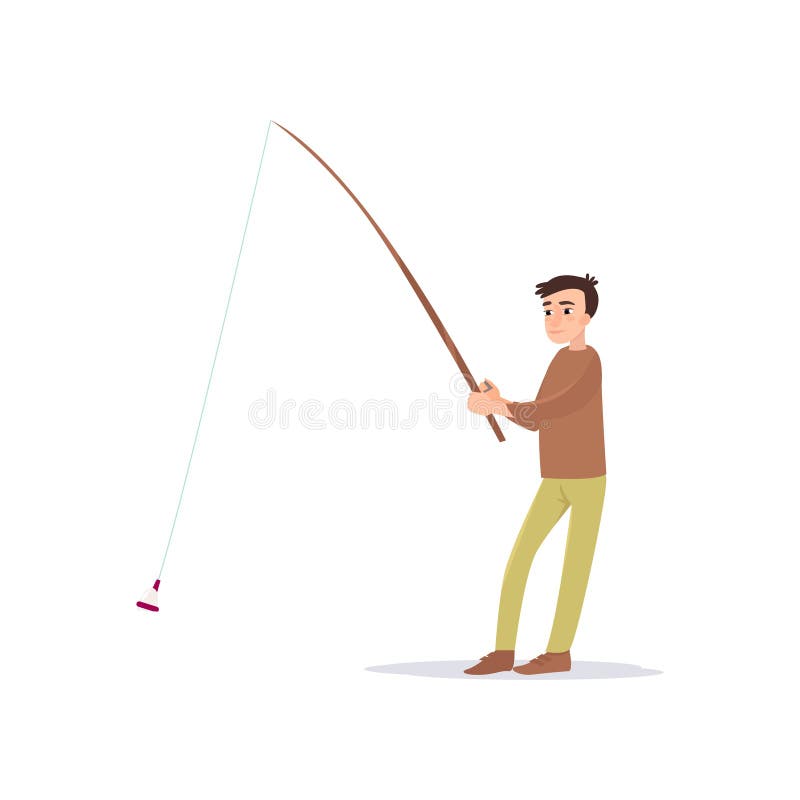 Young Fisherman Fishing with Rod, Male Fisher Character Vector ...