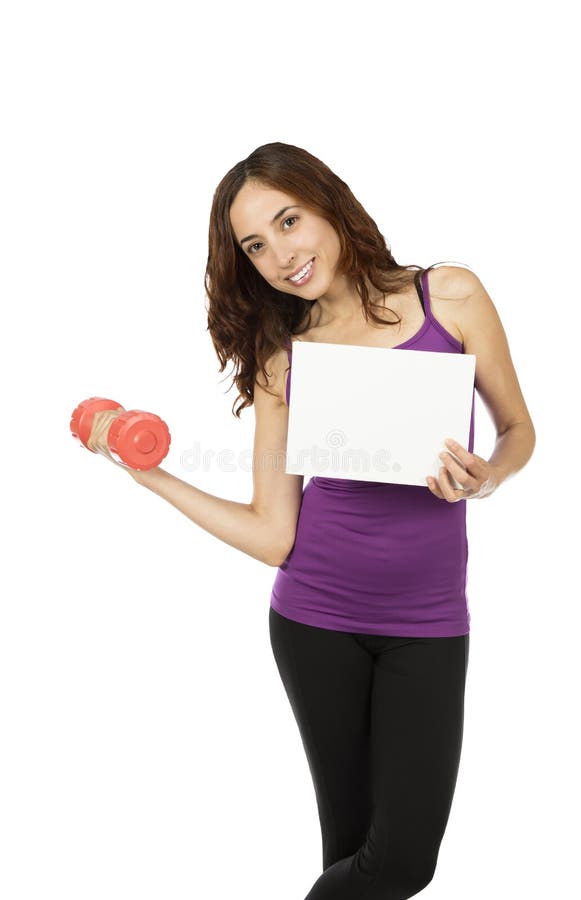Young fitness woman with an advertisement board royalty free stock photo Young fitness woman with an advertisement board royalty free stock photo