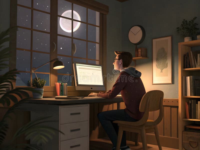 Young freelancer Sitting at a desk in his office, in his office, at the window of his own home at night vector illustration