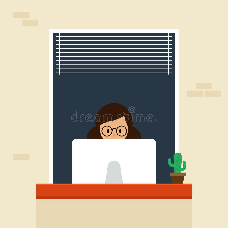 Young freelancer working with computer at home vector illustration