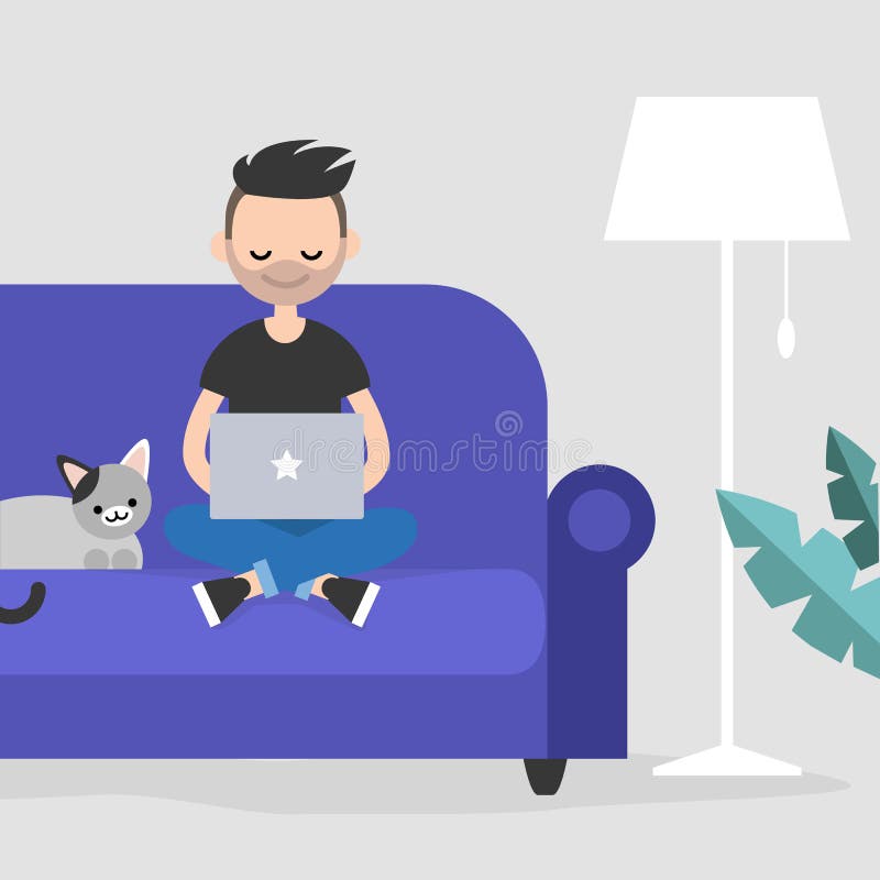 Young freelancer working at home / flat editable vector illustration, clip art vector illustration
