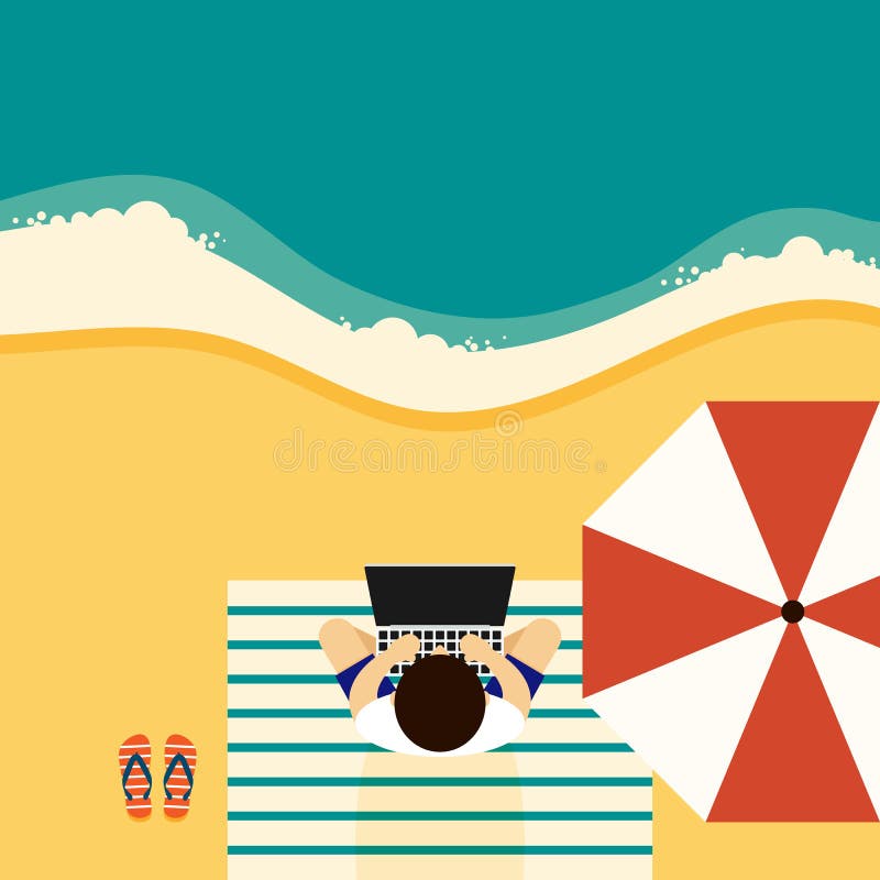 Young freelancer working with laptop at on the beach vector illustration
