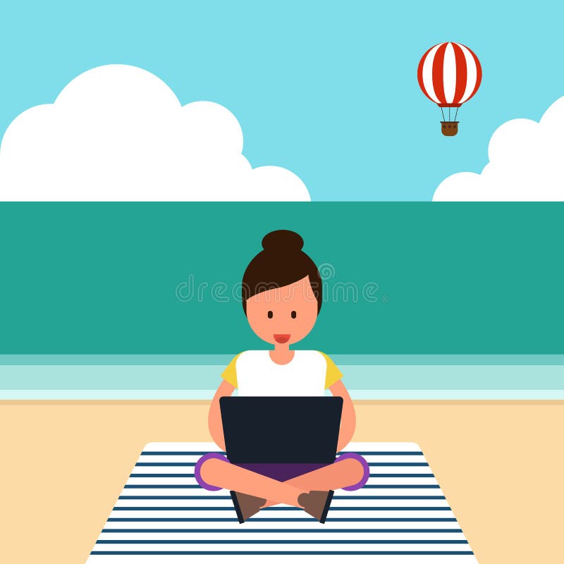 Young freelancer working with laptop at on the beach vector illustration