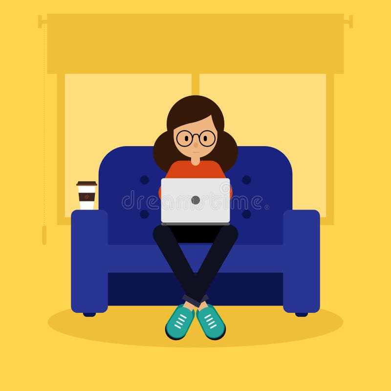 Young freelancer working with laptop at home vector illustration
