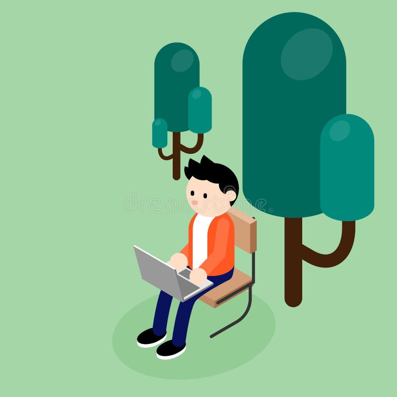 Young freelancer working with laptop in the park stock illustration
