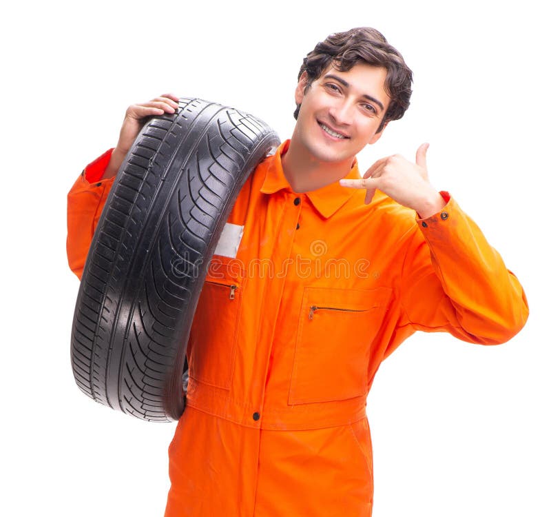 Young Garage Worker with Tyre Isolated on White Stock Photo Image of