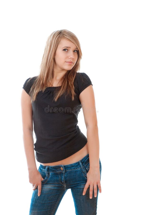 Pretty Hispanic Girl in Ripped Jeans Sitting on Stool Stock Image ...