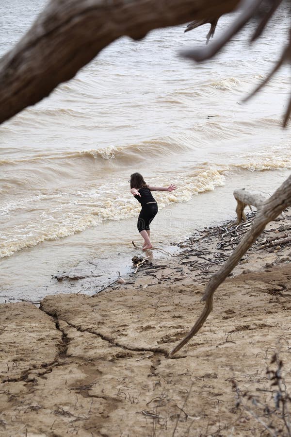 Young girl at the beach framed by driftwood branches. Young Caucasian girl at the beach by the waves. Looking away from the camera. Framed by driftwood branches stock images Young girl at the beach framed by driftwood branches. Young Caucasian girl at the beach by the waves. Looking away from the camera. Framed by driftwood branches stock images