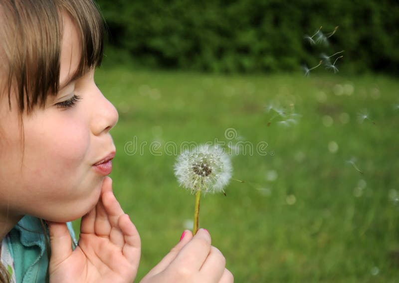 Young girl blowing dandelion