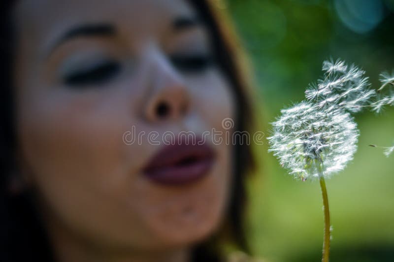 Young girl blowing a dandelion in the garden