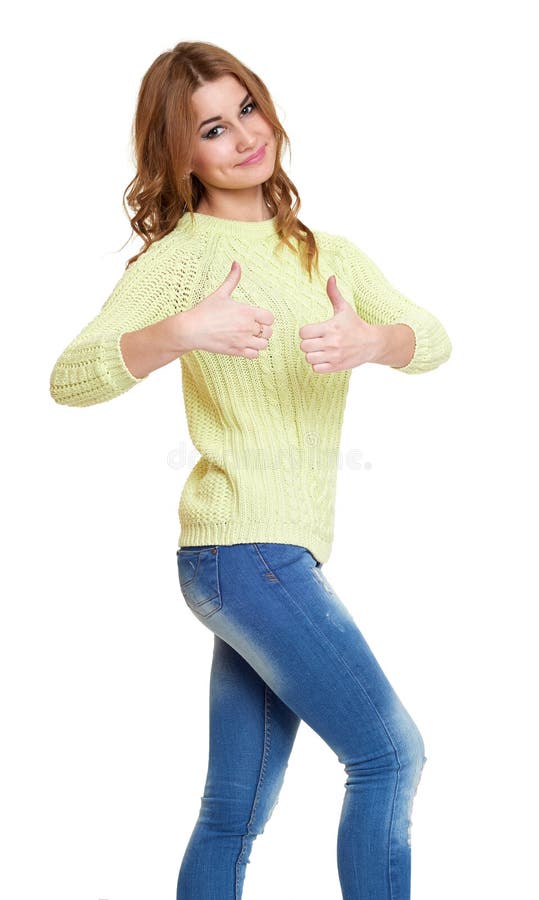 Young Girl Casual Dressed Jeans and a Green Sweater Posing in Studio ...