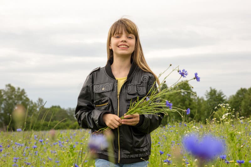 Young Girl in Cornflower Field Stock Image Image of blossom, cute