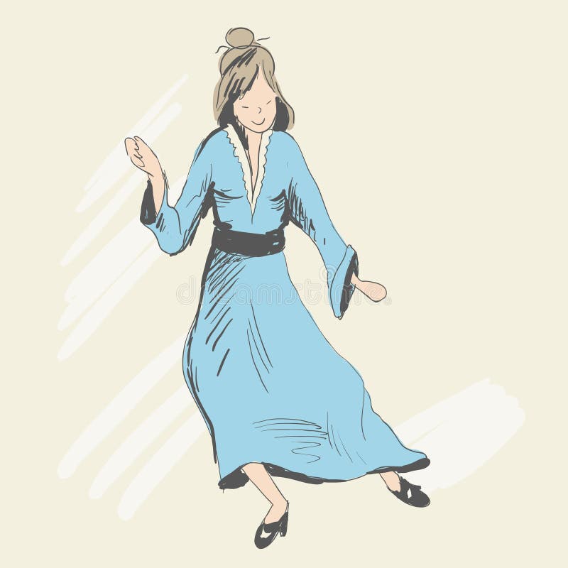 A young girl with disheveled hair is dancing. Dressed in a blue dress with a black belt, black patent leather shoes with heels. Rejoices. Sketch style. Vector illustration. A young girl with disheveled hair is dancing. Dressed in a blue dress with a black belt, black patent leather shoes with heels. Rejoices. Sketch style. Vector illustration