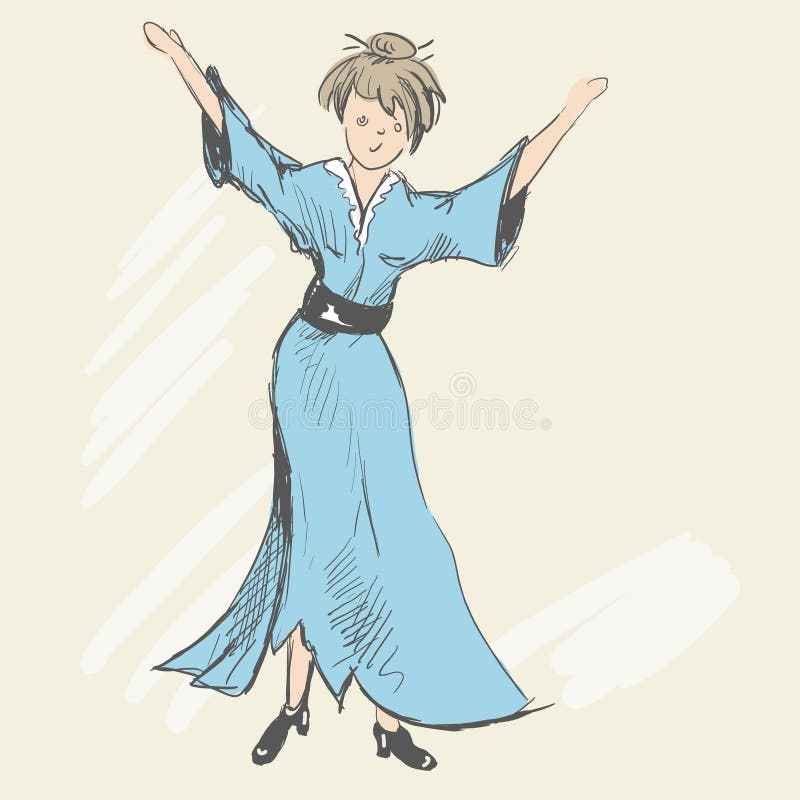A young girl with disheveled hair is dancing. Dressed in a blue torn dress with a black belt, black patent leather shoes with heels. Rejoices. Sketch style. Vector illustration. A young girl with disheveled hair is dancing. Dressed in a blue torn dress with a black belt, black patent leather shoes with heels. Rejoices. Sketch style. Vector illustration
