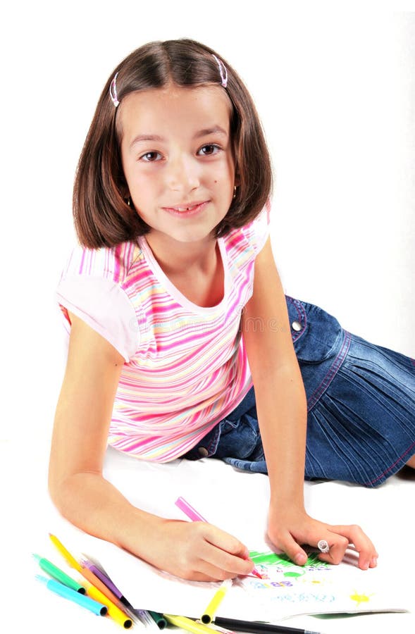 Girl. Draw. Paper. Child. Color. Fun. Home. Art Stock Photo Image of