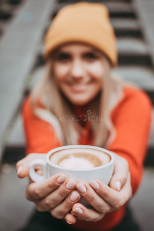 Young Girl Drink Coffee and Smiling Stock Photo Image of leisure