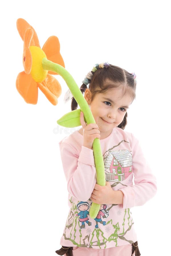 The young girl with flower isolated on a white