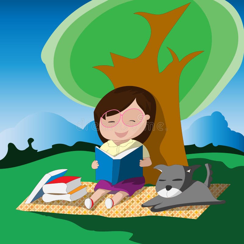 Young girl with glasses reading a book below the tree with her dog.