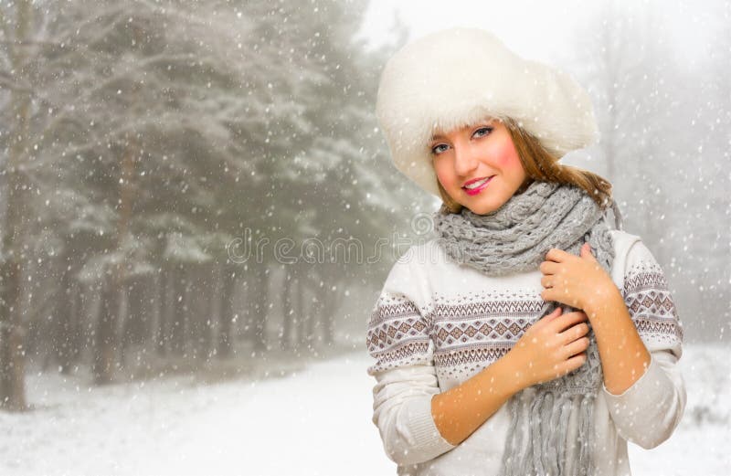 Young Girl with Hat at Snowy Forest Stock Photo - Image of cute ...
