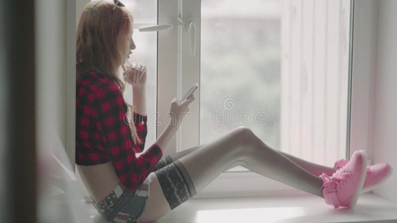 Young Girl Hipster in Checkered Shirt Shorts and Pantyhose Stock Footage - Video of mobile, cellphone: 122317862