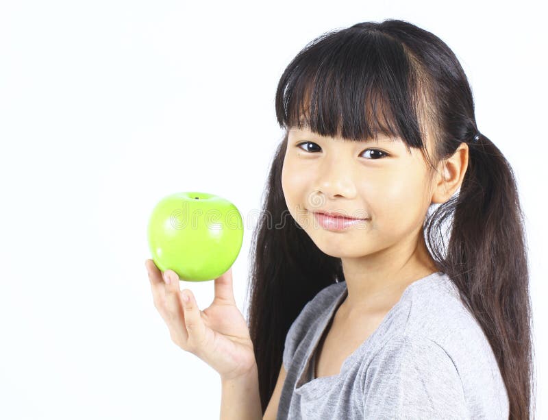 Beautiful Japanese Girl Holding Green Apple Fruit Stock Photos Free