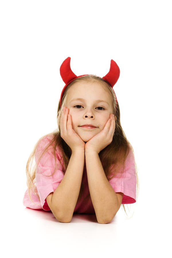 Young girl with horns imp stock photo. Image of eyes - 30784964