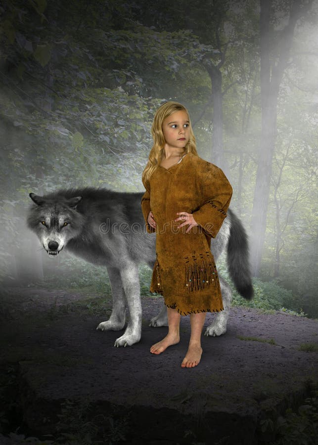 Young Girl, Indian Princess, Wolf stock photo Young Girl, Indian Princess, Wolf stock photo