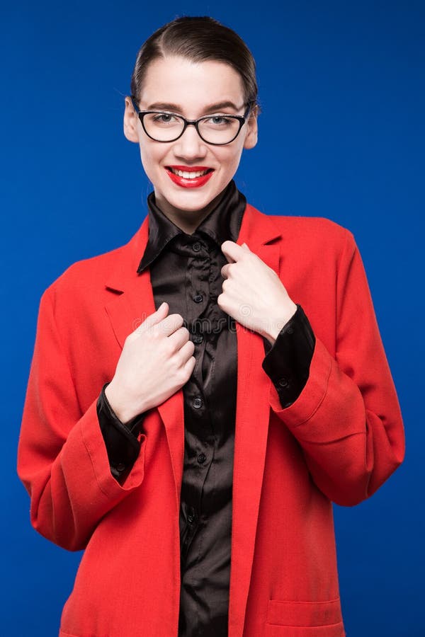 Young girl in a jacket with red lips