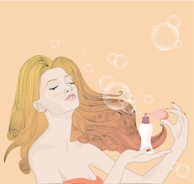 Young girl with long blonde hair and freckles, wearing a red swim suit holds a suntan cream pack in her hand royalty free illustration Young girl with long blonde hair and freckles, wearing a red swim suit holds a suntan cream pack in her hand royalty free illustration