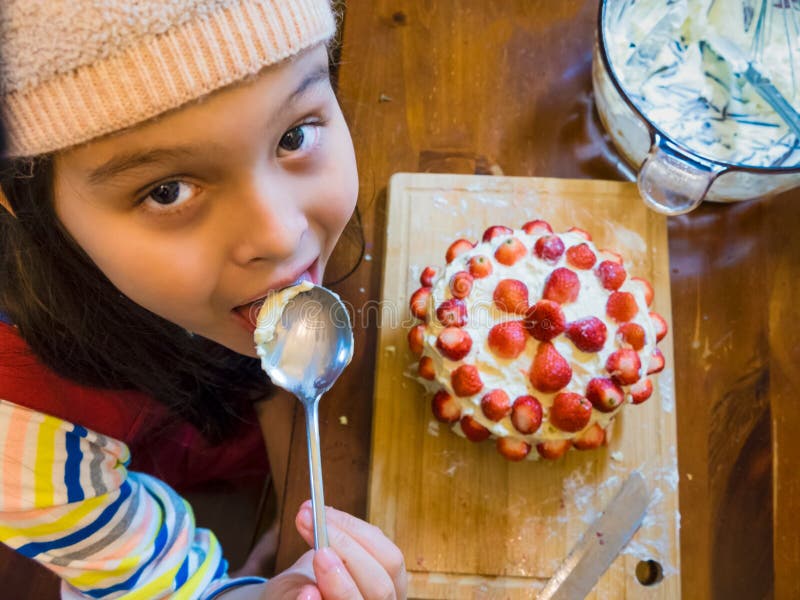 Young Girl Making Strawberry Cake Stock Photo Image of pastry