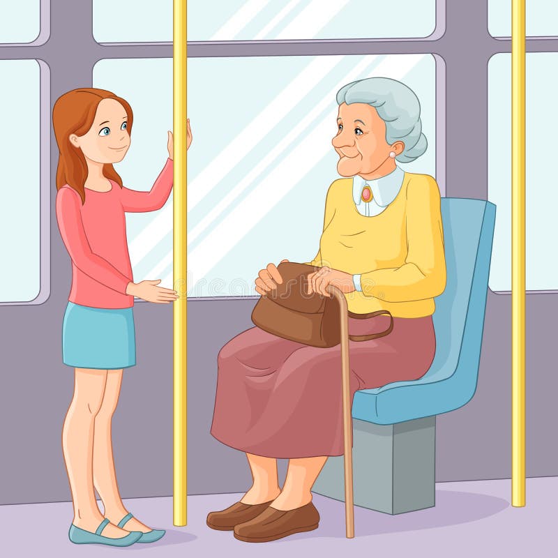 Carino giovane offerta posto sedere sul vecchio signora pubblico trasporto.