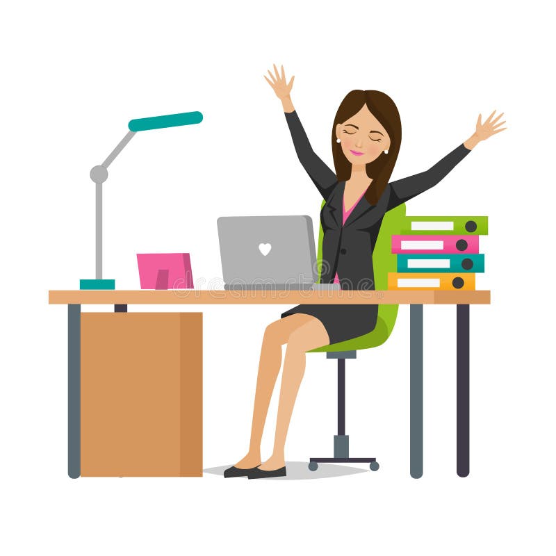 Young Girl of an Office Worker Rejoices in Success, Rests. Stock Vector -  Illustration of computer, desk: 101870814