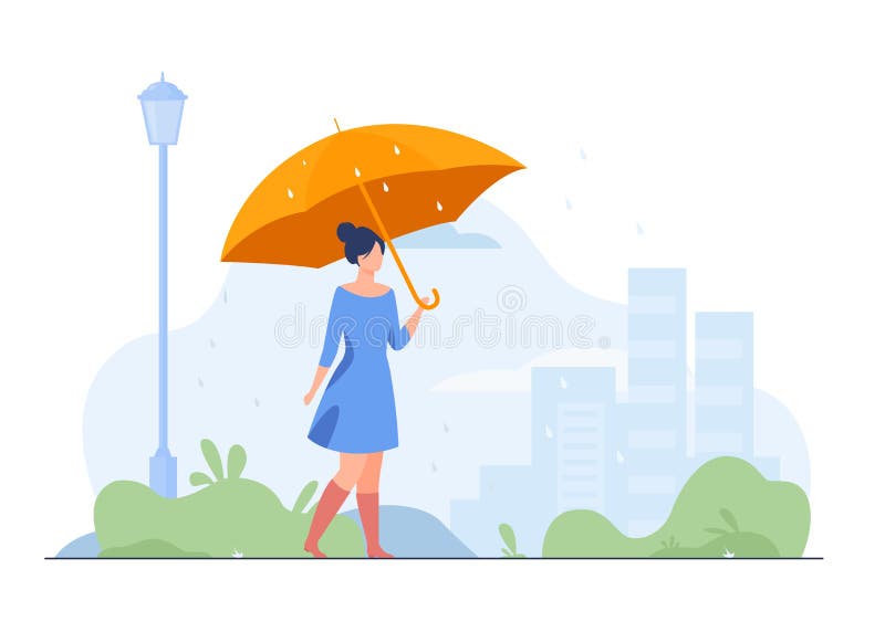 Young girl with orange umbrella flat vector illustration.