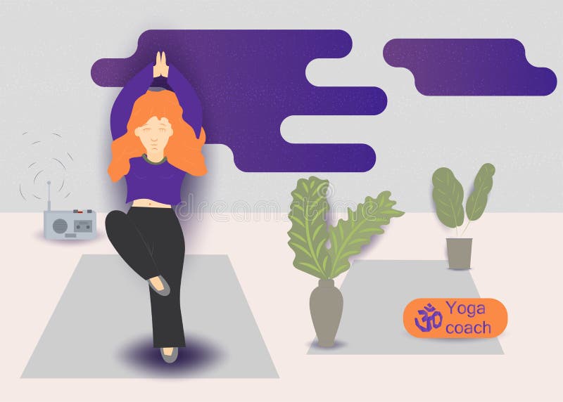 A young girl with 2 red hair doing gymnastics yoga exercise on a rug vector illustration without contours in the style of flat