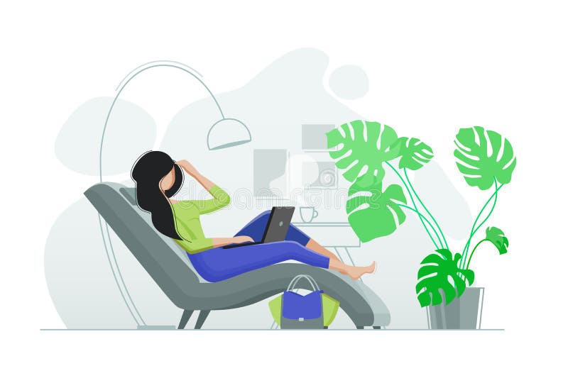 Young girl resting in chair with laptop. Office with green plant. Vector illustration