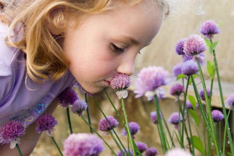 Biela kaukazský žena dieťa, voňajúce fialové kvety kvetu chilve bylina.